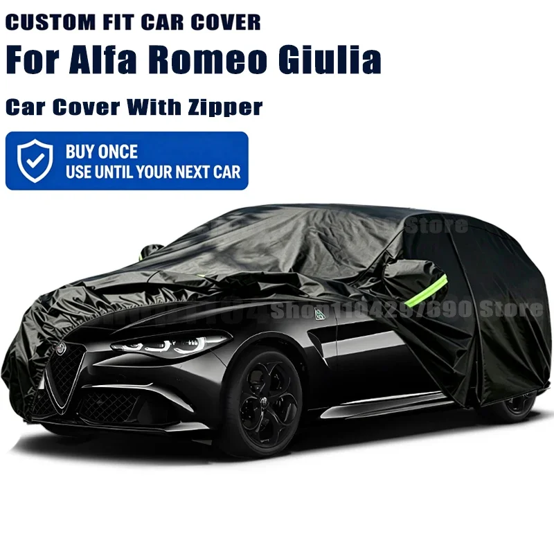 For Alfa Romeo Giulia Outdoor Full Car Cover With Zipper Snow Cover Sunshade Waterproof Dustproof Exterior Protection