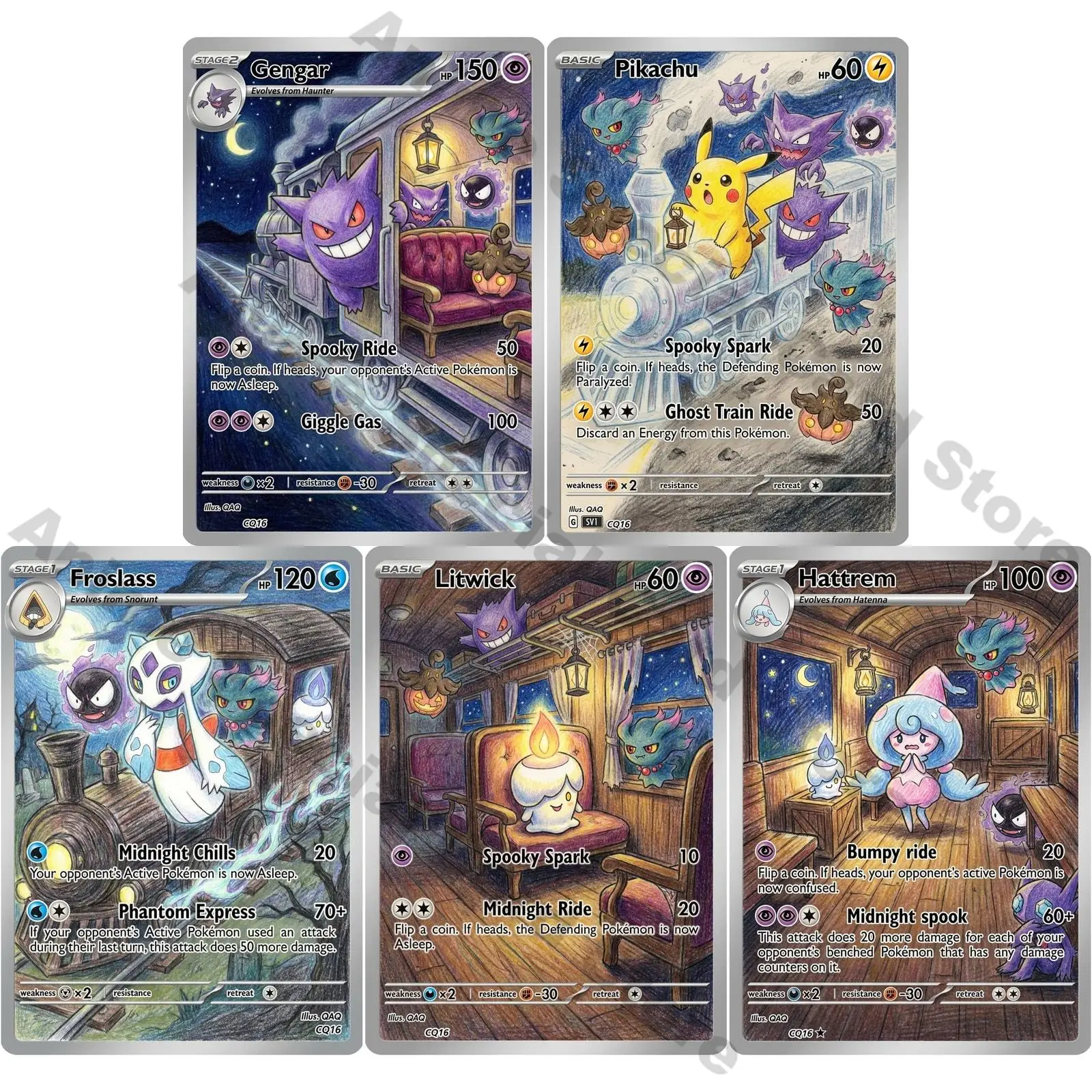 5-cartas-pokemon-estilo-arte-com-lapis-de-cor-trem-da-meia-noite-gengar-froslass-litwick-hatenna-cartas-ptcg-presente-para-criancas-pokemon