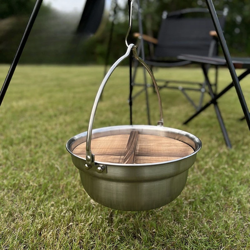 Outdoor camping portable camping pot 3-layer bonfire hanging pot picnic bbq wooden cover portable