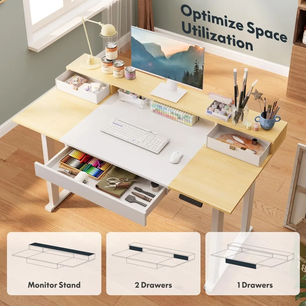 مكتب قائم كهربائي مع أدراج، مكتب كمبيوتر قابل للتعديل بارتفاع 63 × 32 بوصة، مكتب قائم للمكتب المنزلي مع 3 ارتفاعات مسبقًا