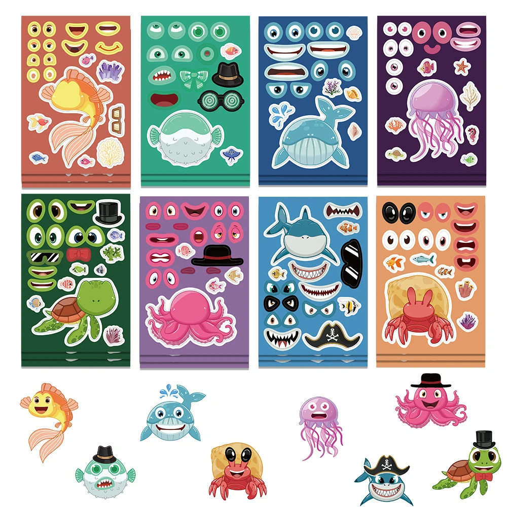 

8/16sheets Make a Face Animals Cartoon Stickers Anime Jellyfish Sticker Diary Scrapbooking Water Bottle Wall Decals Fun for Kids