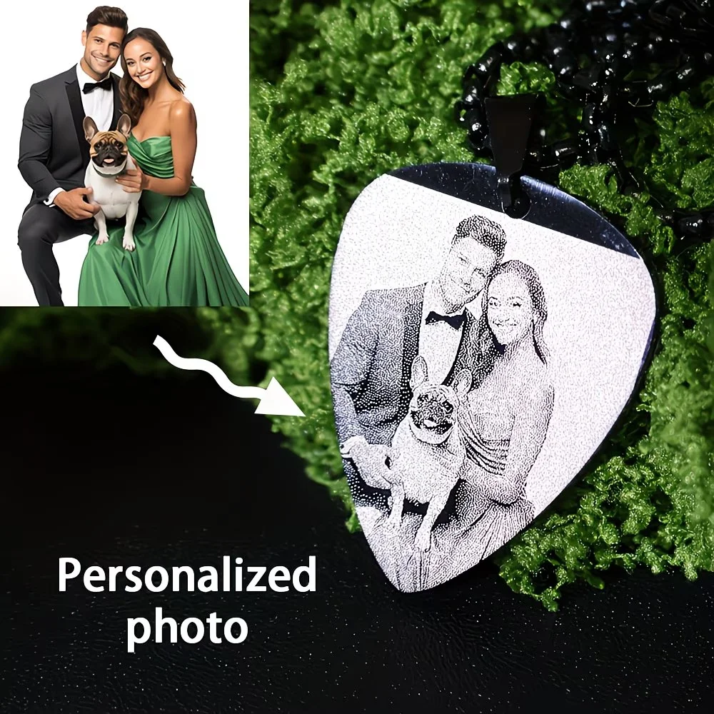 Custom Photo Guitar Pick Necklace Personalized Fashion Stainless Steel Heart Pendant Memorial Jewelry Gift for Men Women