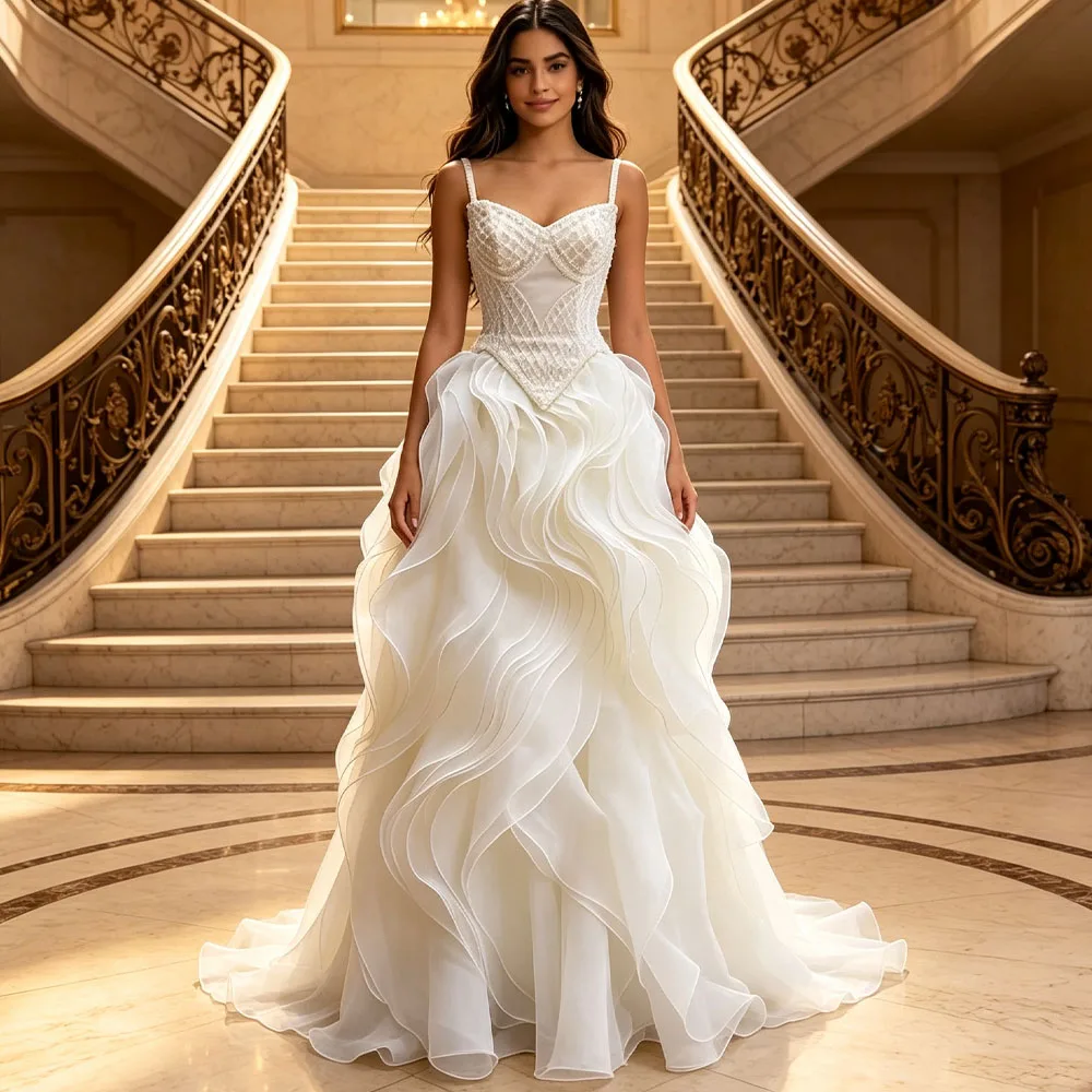 High Slit Beige Reception Dresses For Weddings Spagetti Straps Ruffles Beading Pearls Corset Zipper Back Wedding Guest Dresses