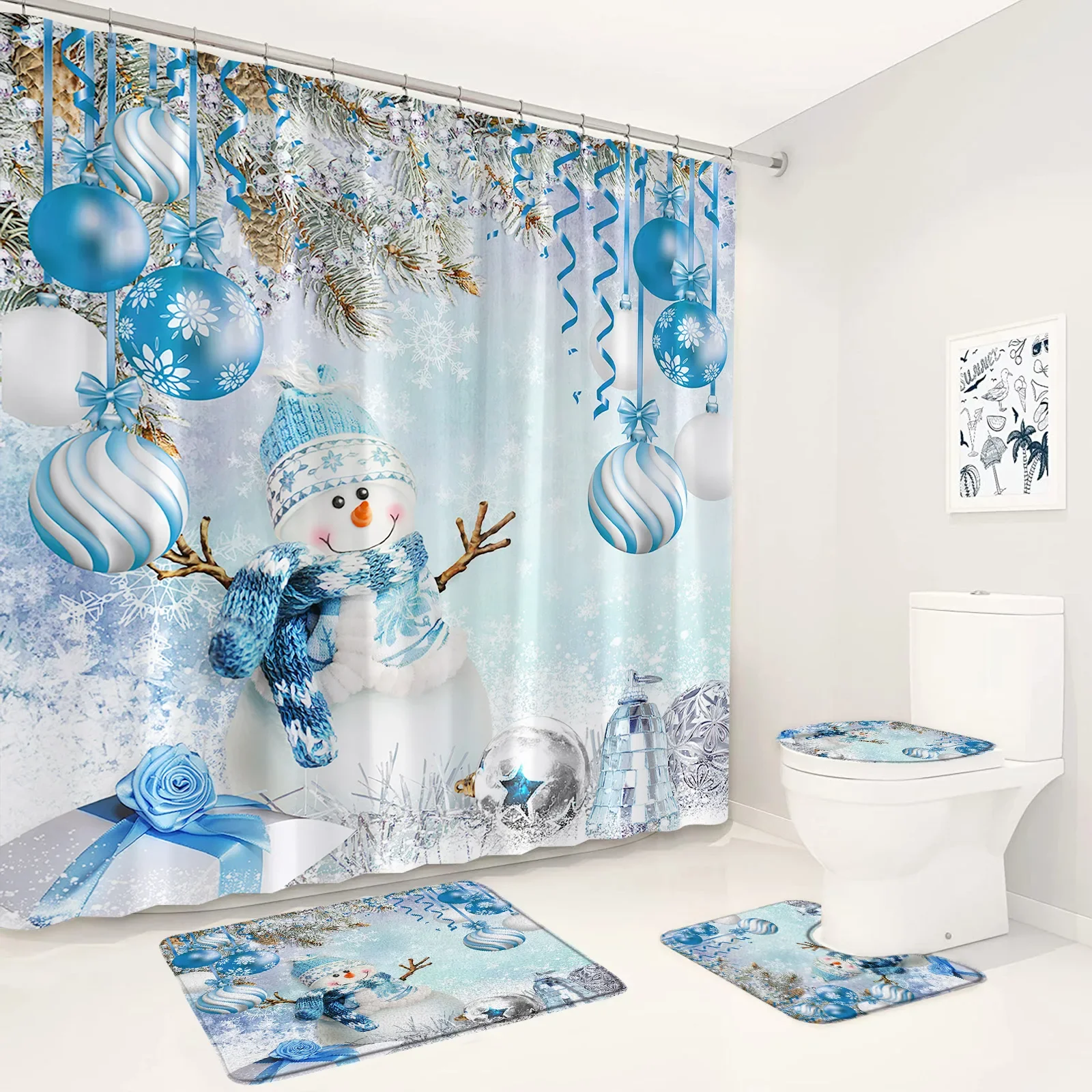 Cute Snowman Christmas Shower Curtains Set Fir Branch Blue Xmas Balls Snowflake Bathroom Decor Non-Slip Rug Bath Mats Toilet Lid