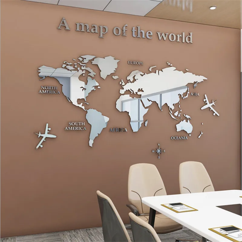 European World Map Wall Sticker Acrylic Decor for Home Living Room Office Culture Mirror Wallpaper Mural Decal