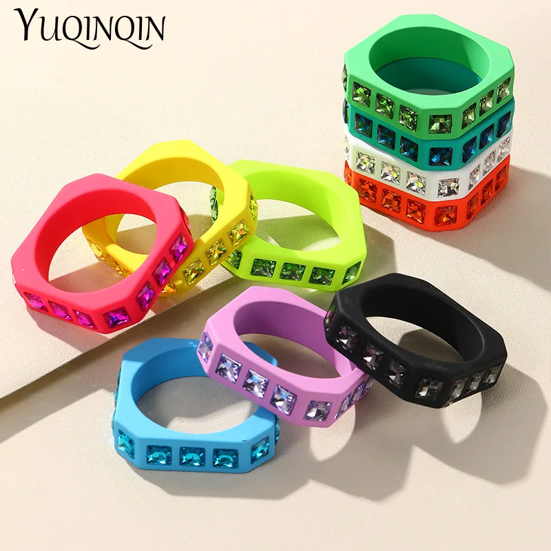 New Trendy Colorful Resin Crystal Bangle for Women Korean Geometric Square Cuff Bangle Bracelet Charms Wide Summer Party Jewelry