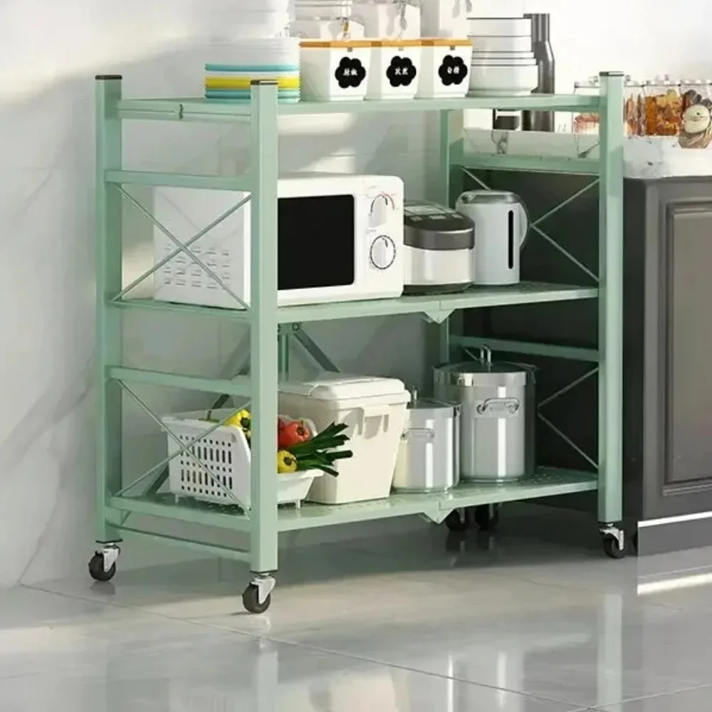 Iron Kitchen Storage Racks Folding Storage Rack Foldable Display Shelf with Wheels Installation-free Living Room Storage Rack