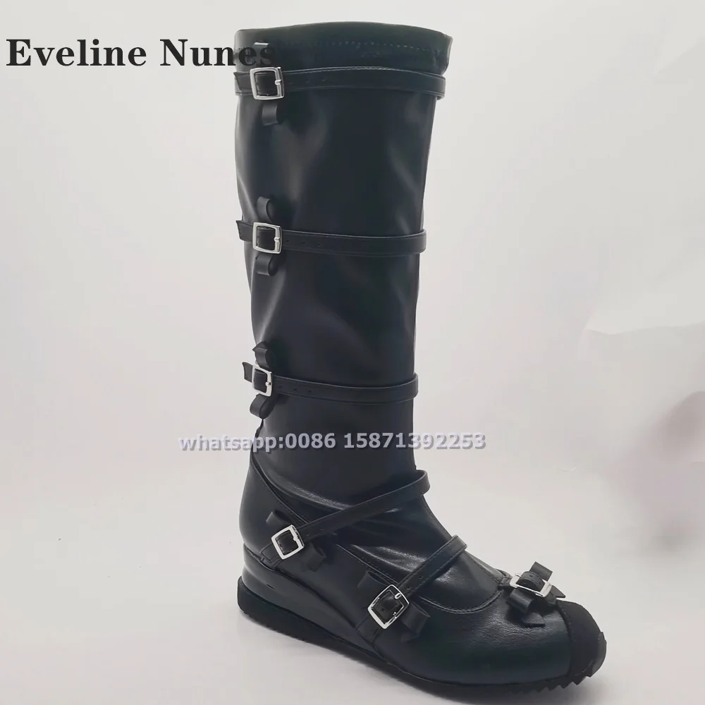 Bow Belt Buckle Black Knee-High Boot Round Toe Mid Heel Slip On Women Long Boots Retro Cool Dark Street Style Plus Size Shoes