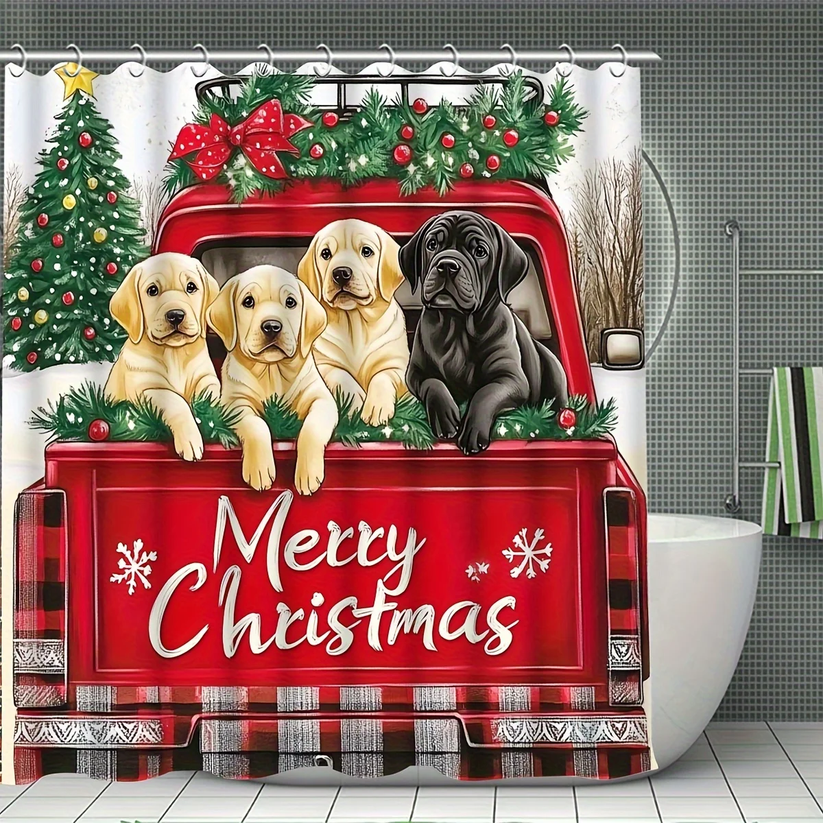 4Pcs Xmas Puppy Shower Set, Red Truck, Puppy & Tree, Modern Bath Decor, 12 Hooks, Curtain & Toilet Pad Set