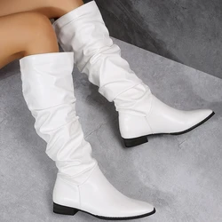 Women's High Tube Boots 2024 Autumn Winter New Fashion White Simple and Versatile Square Root Side Zipper High Boots for Women