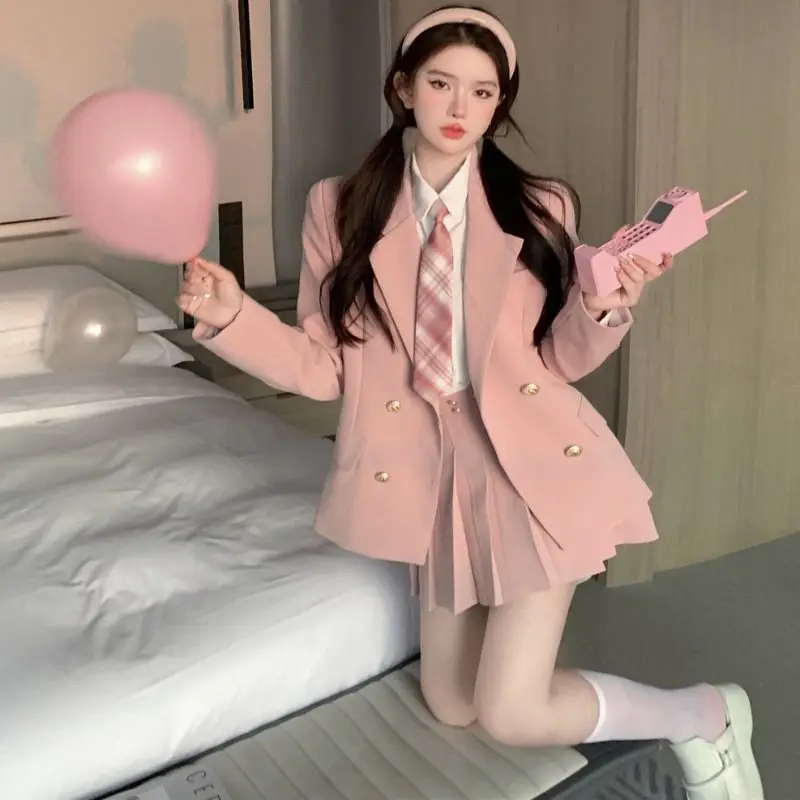 Pure Desire Girls' College Style Suit Short Jacket Pleated Skirt Shirt Three Piece Set