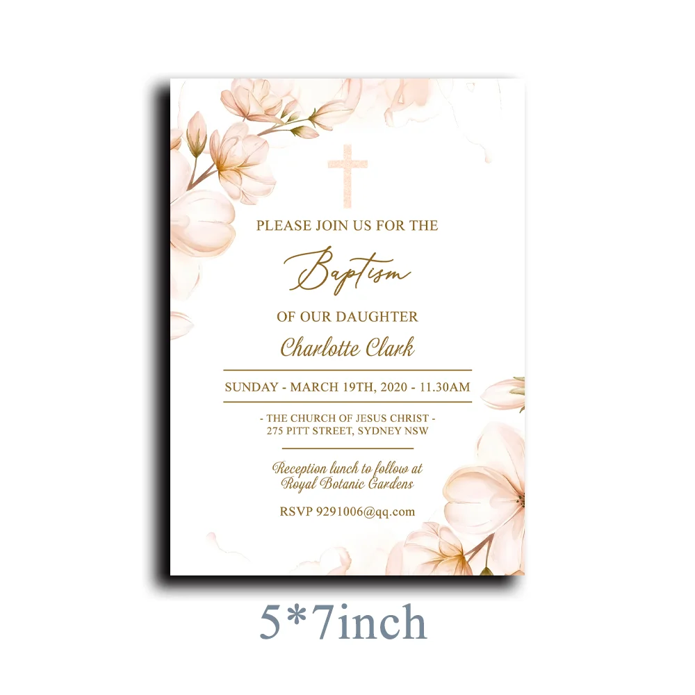 

SOPHIA - Floral Blush Pink Girl Baptism Invitation Card, Soft Peony Floral Pink Rosary Baptism Christening Invite，Milk coffee