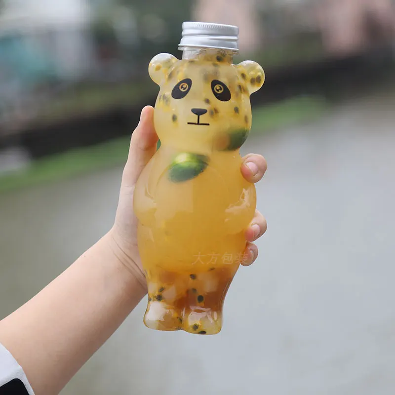 10pcs 500ml cartoon plastic panda bottle cold drink milk tea juice transparent disposable party birthday packaging cup with lid