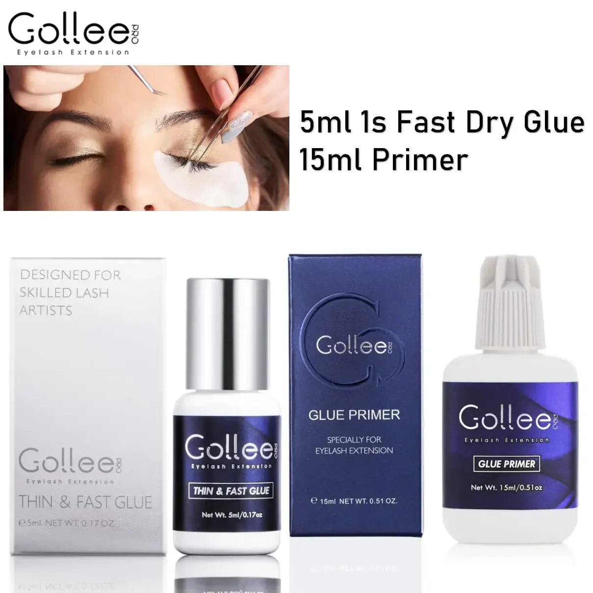 

Gollee Eyelash Extension Glue & Lash Primer No Tears Formula 1S Drying Retention 6-8 Weeks Thin Lash Adhesive Professional Use