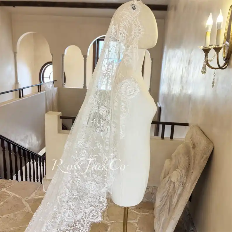 

Mantilla Veil Chantilly Lace Eyelash Wedding Veil Cathedral Bridal Headpiece Hand Made Length Customizable