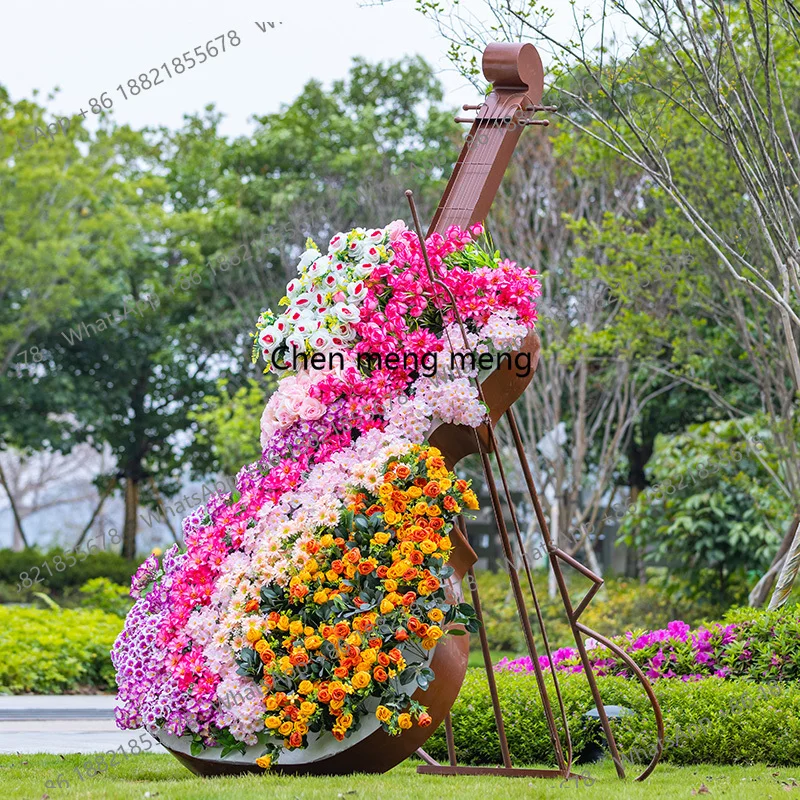

Wrought iron violin flower box sculpture outdoor garden landscape music note musical instrument alphabet