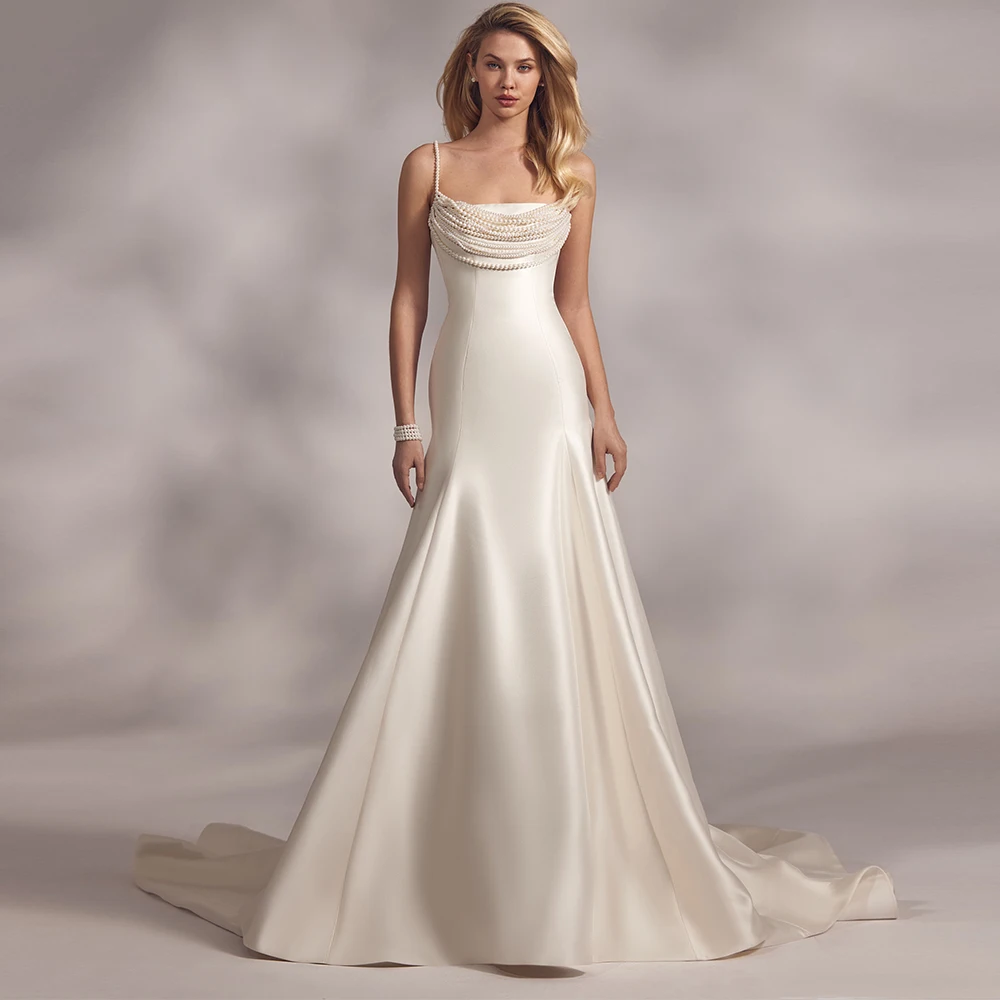 Boho Bohemian Hall Wedding Dress Lvory Satin Pearl Ruched Mermaid Spaghetti strap Floor Length Dresses Gowns 2024