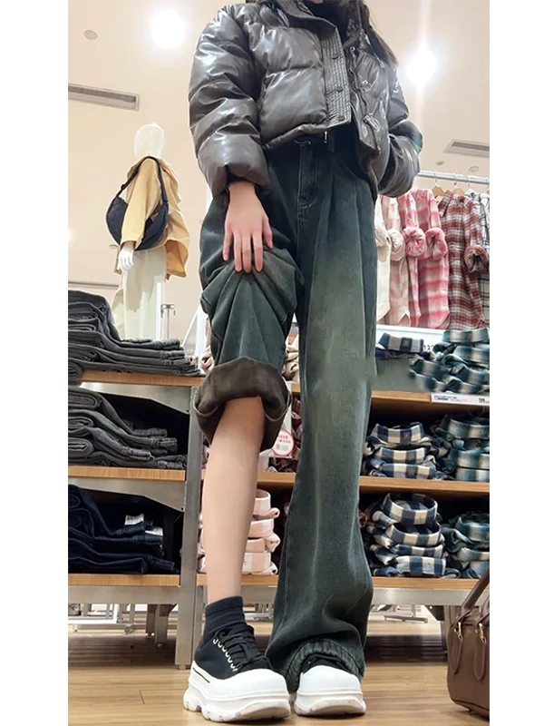 

Tall Men's Fce Lined Denim Jeans k Blue Extended Length Straight Leg Wide Leg Pants Retro American Sle Winter Wear