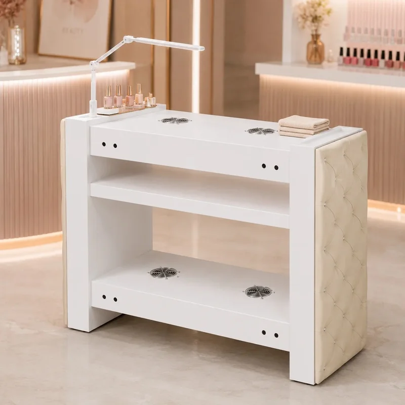 Modern Wood Manicure Drying Table with 4 Built-in Fans 4 LED Lights Side Leather Wrap for Nail Salon Commercial Use