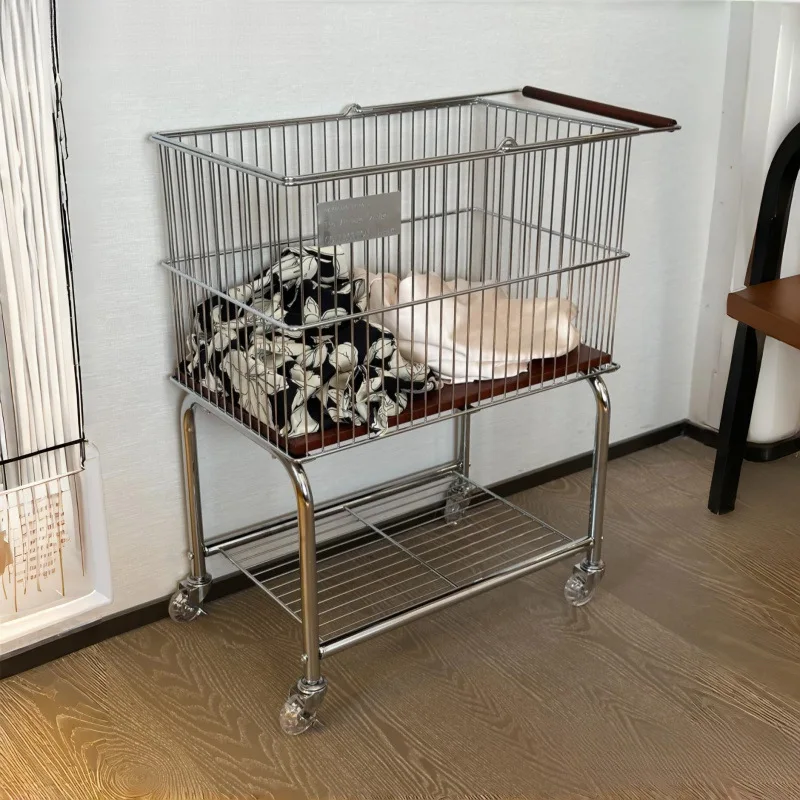 Medieval double-layer mobile dirty laundry basket, household bathroom, clothes storage basket, bathroom, high-value light luxury