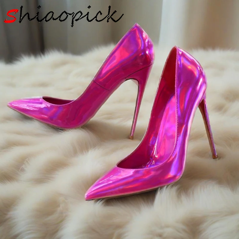 

Sexy Shiny Rose red Women 12cm Pumps Stilettos OL Office Ladies High Heels Queens Wedding Pointed Toe Glossy Patent Shoes