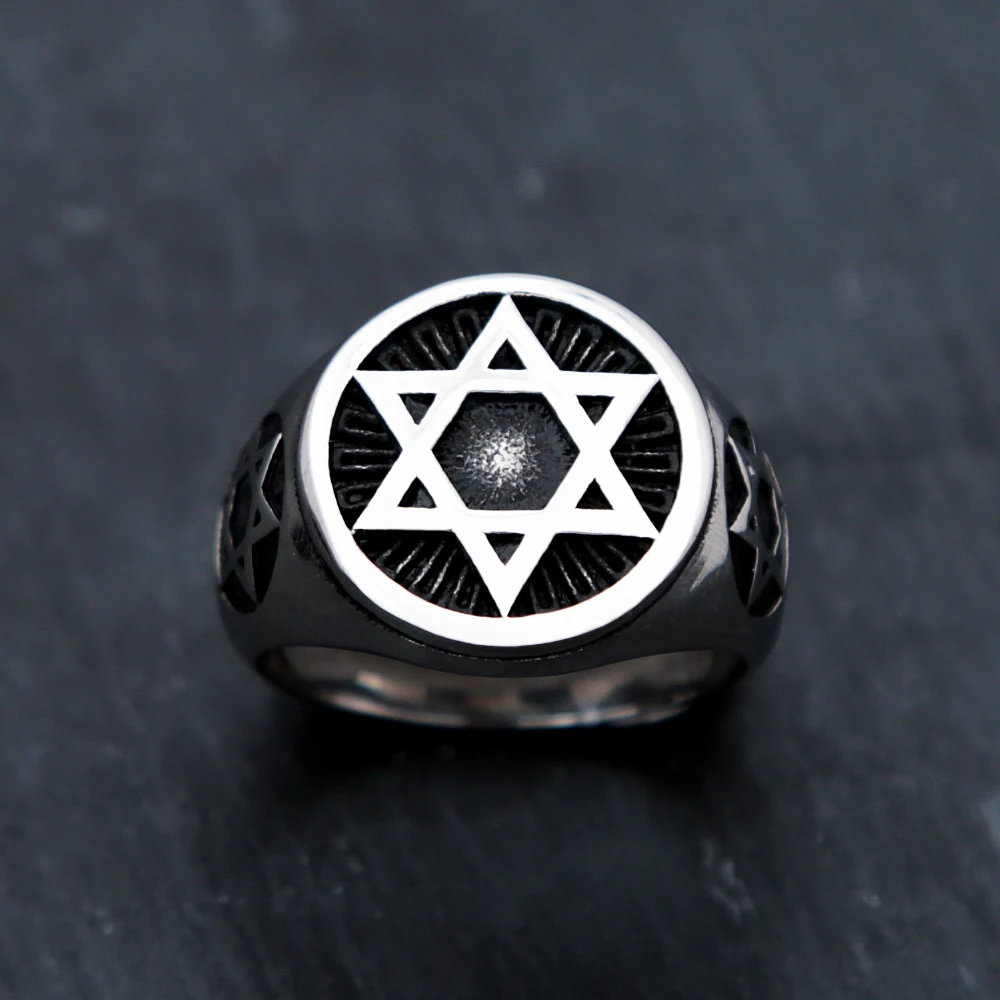 Punk Simple Star Of David Ring Fashion Stainless Steel Vintage Silver Color Hexagram Ring For Men Biker Amulet Jewelry Wholesale