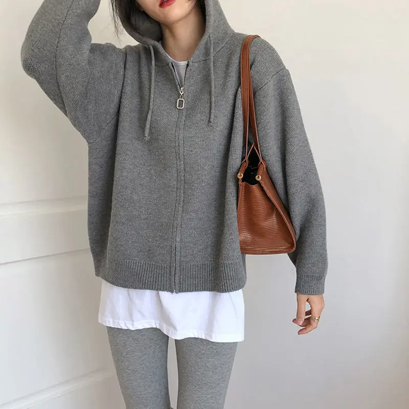 Trendy Korean Style Personalized Hooded Knitted Fir Sweatshirt Women Loose Lazy Style Korean Solid Color Y2k Sweater Jacket Top