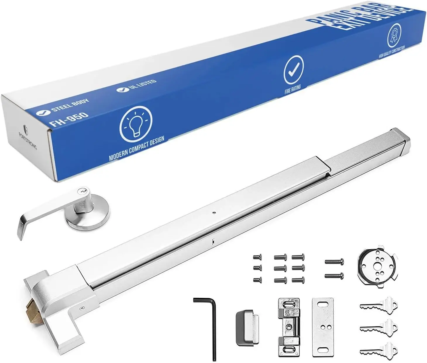 Commercial Push Bar Panic Exit Device (Silver) - Panic Bars for Exit Doors with Door Handle and Keys - UL Listed Grade 1 ADA