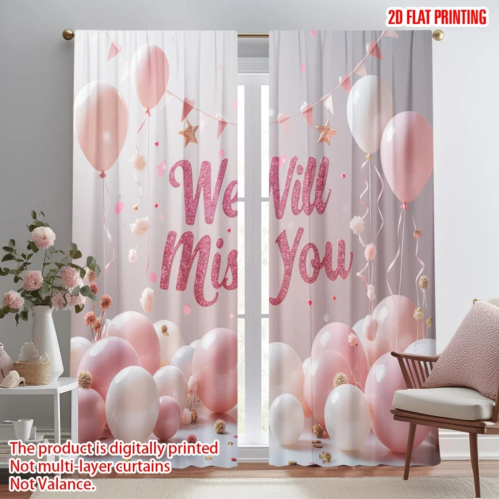 

2D flat printing 2pcs Curtain Farewell Pink Balloons(1) Digital Printed Polyester Drapes Festive Curtains Use for Classroom