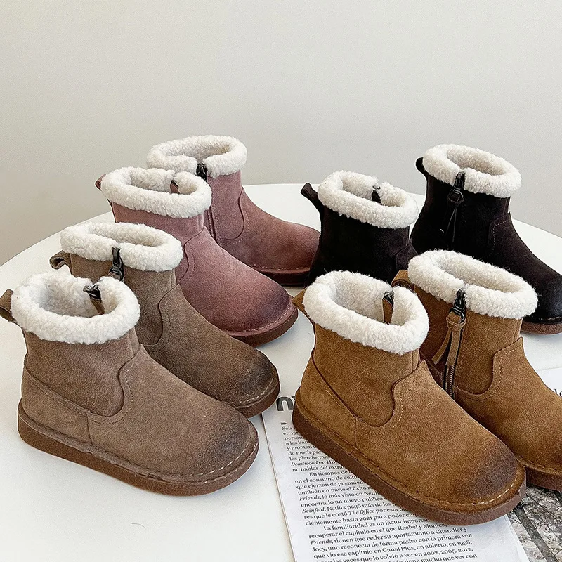 Children Shoes for Girls Winter Korean Style Retro Boots for Kids Lamb Wool Fleece Warm New Fashionable Warm Casual Kids Boots