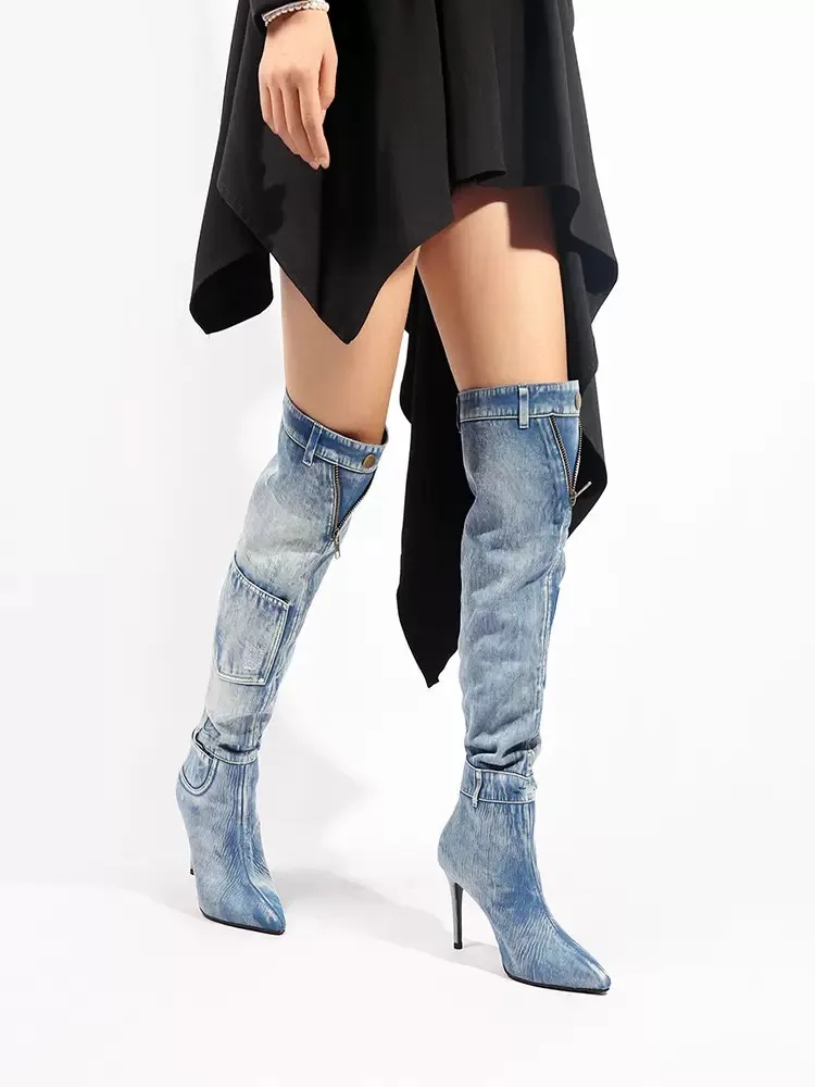 Winter New Arrivals Warm Fleece Blue Denim Over-the-Knee Boots Stiletto Heel Pocket Pointed Toe Zipper Women\'s Shoes