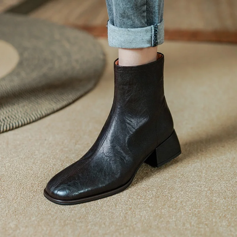 Woman Ankle Boots Sheepskin Shoes French Style Winter Boots Side Zip Autumn Spring Basic Botas Real Leather Elegant Shoes