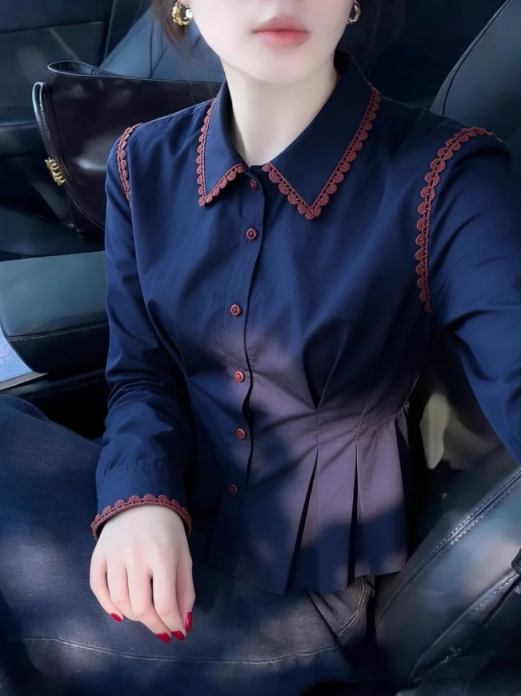 Elegant Style Slim Fit Shirt Top Waist-Cinching Long Sleeve Cotton Blouse in Royal Blue Spring Autumn New Arrival Short Style