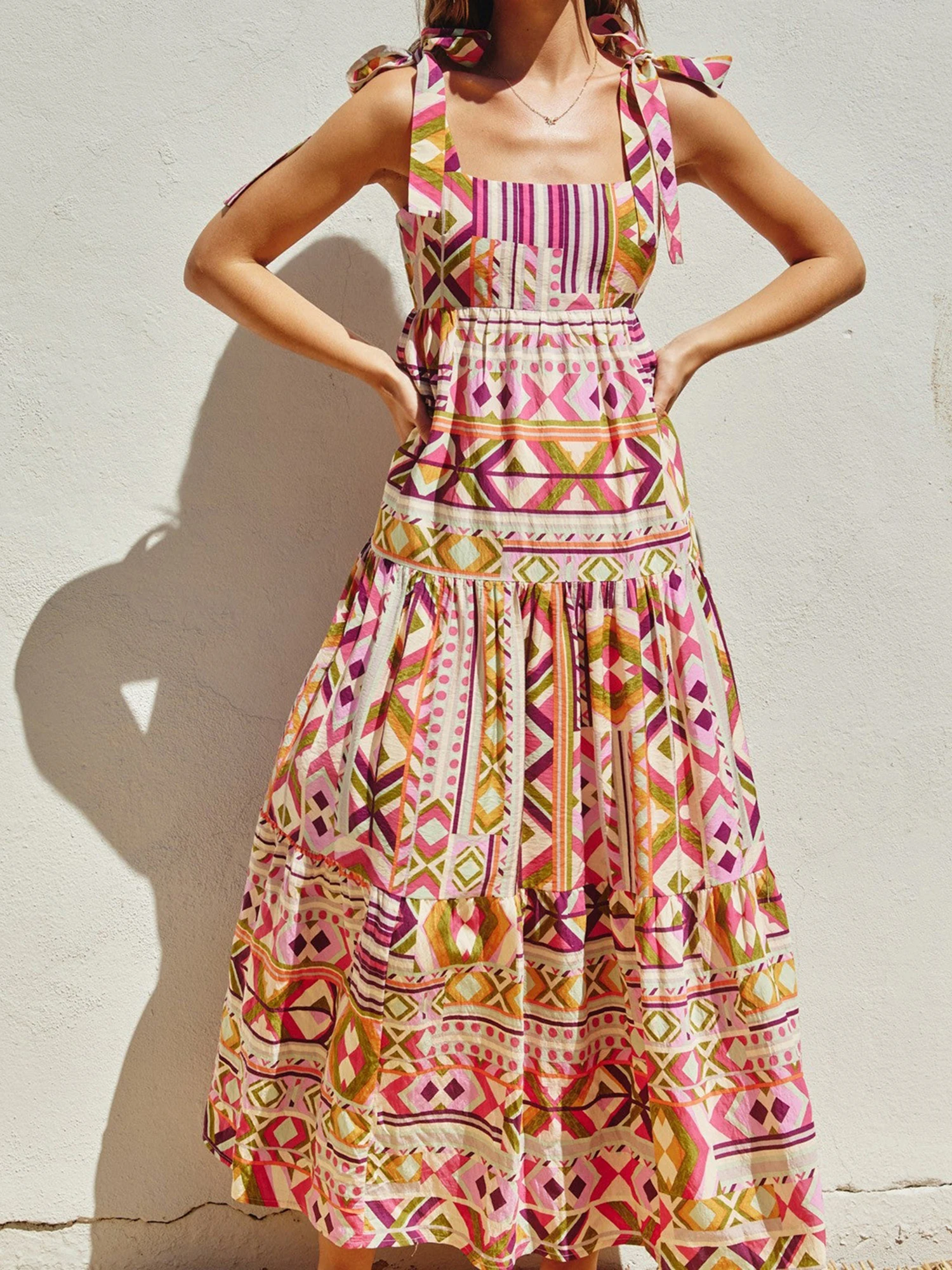 여성 여름 긴 캐미 드레스 민소매 타이 어깨 스퀘어 넥 Boho 패턴 프린트 비치 드레스