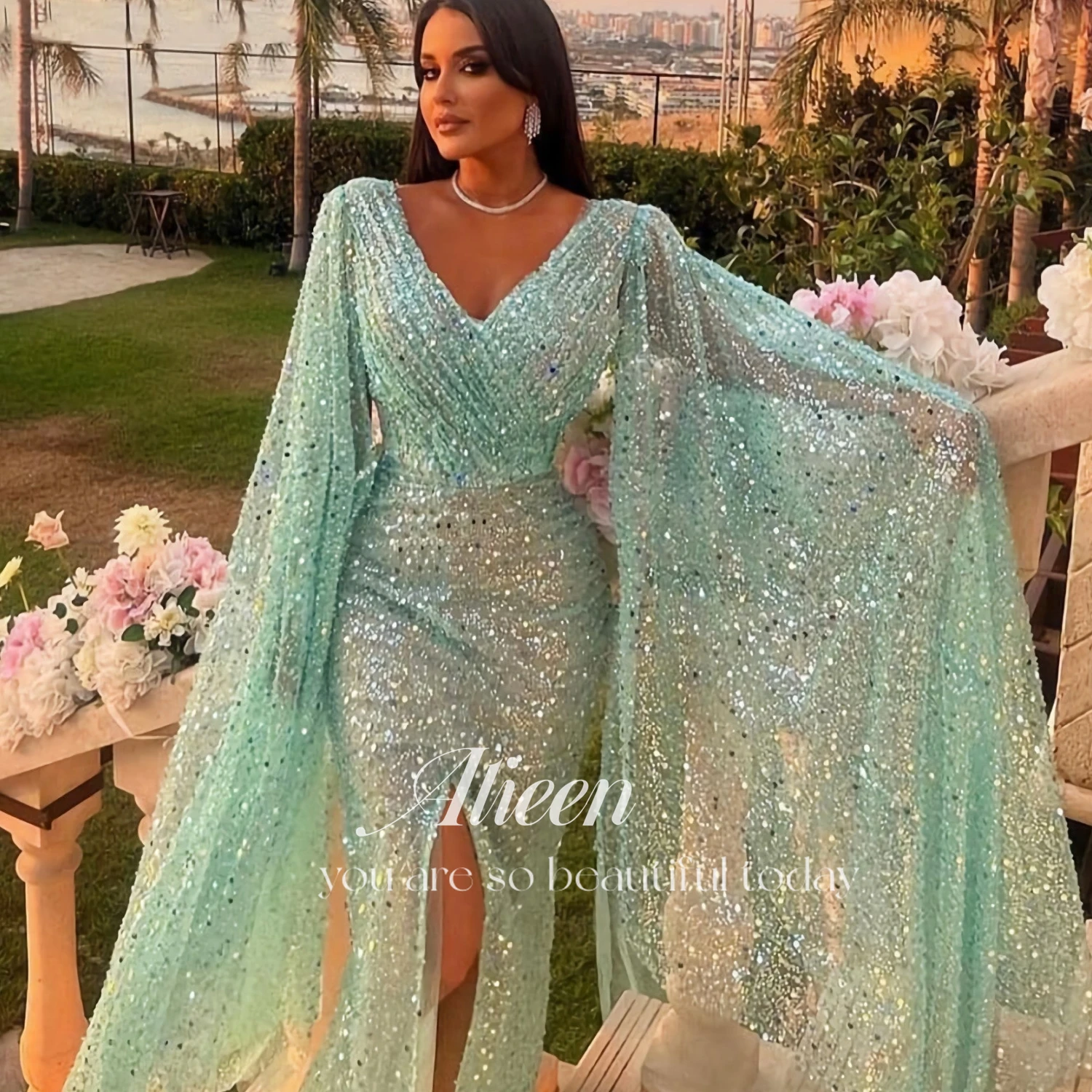 

Aileen Glitter Sequin Ball Gown With Cape Mermaid Party Dress Sexy High Slit Flare Ball Gown 2023 Luxury Dresses Elegant Gowns