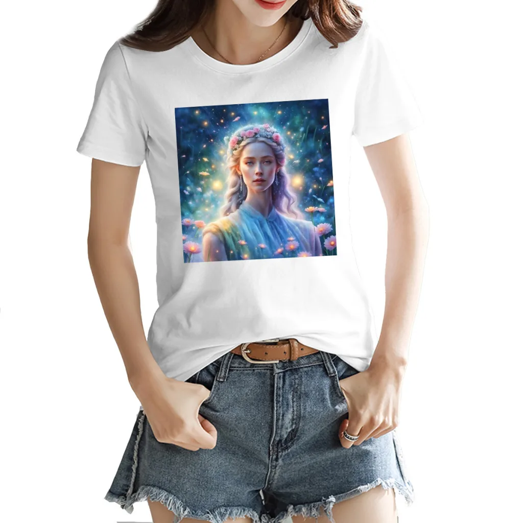 

A beautiful goddess with sparkles in shades of blue 2 Women's Printed Short Sleeve T-Shirt, Harajuku Style, New Summer Top