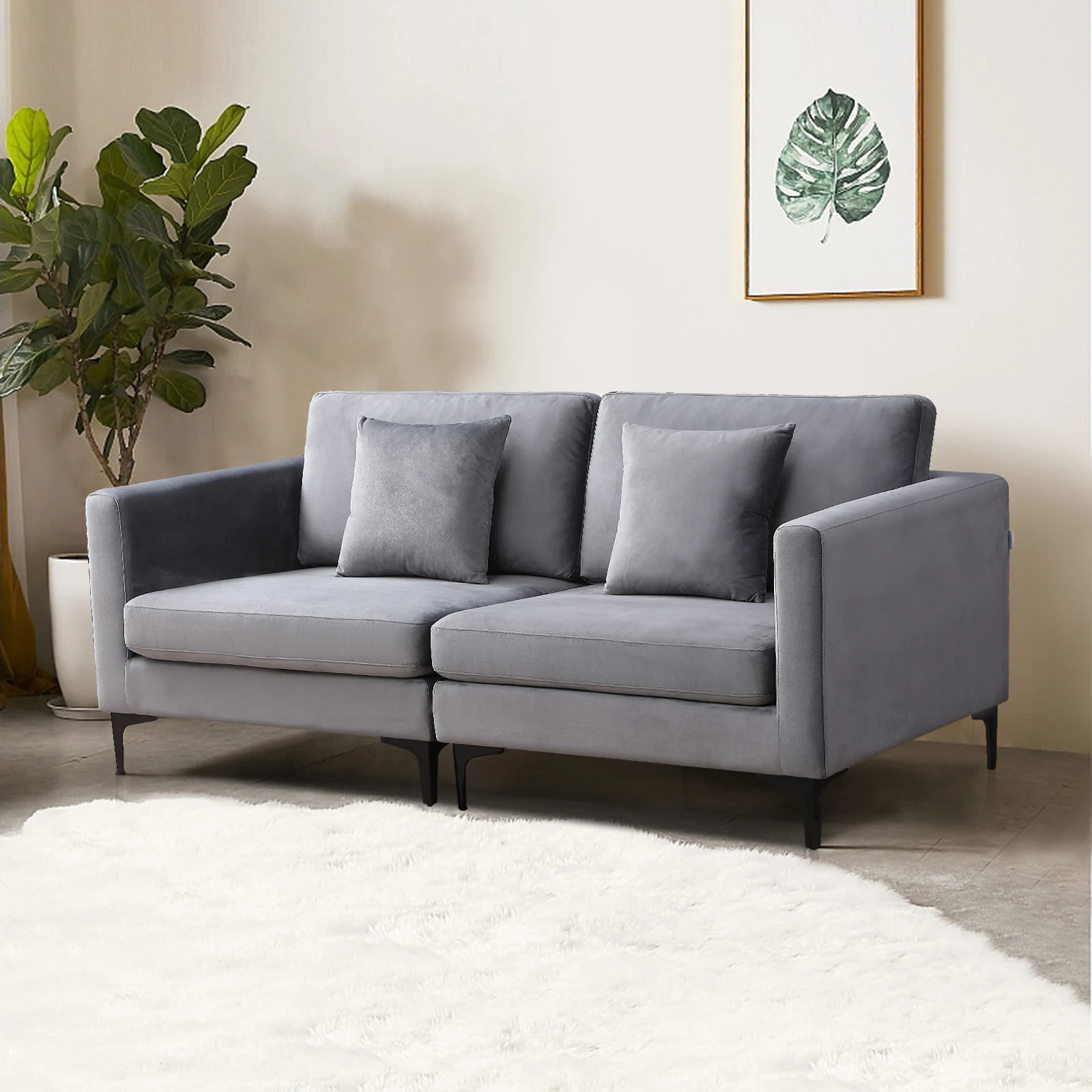 Velvet Living Room Loveseat Sofa Couch, Comfy 3-Seat Love Seats Furniture with Square Arms, Removable Cushions and Pillows-Grey