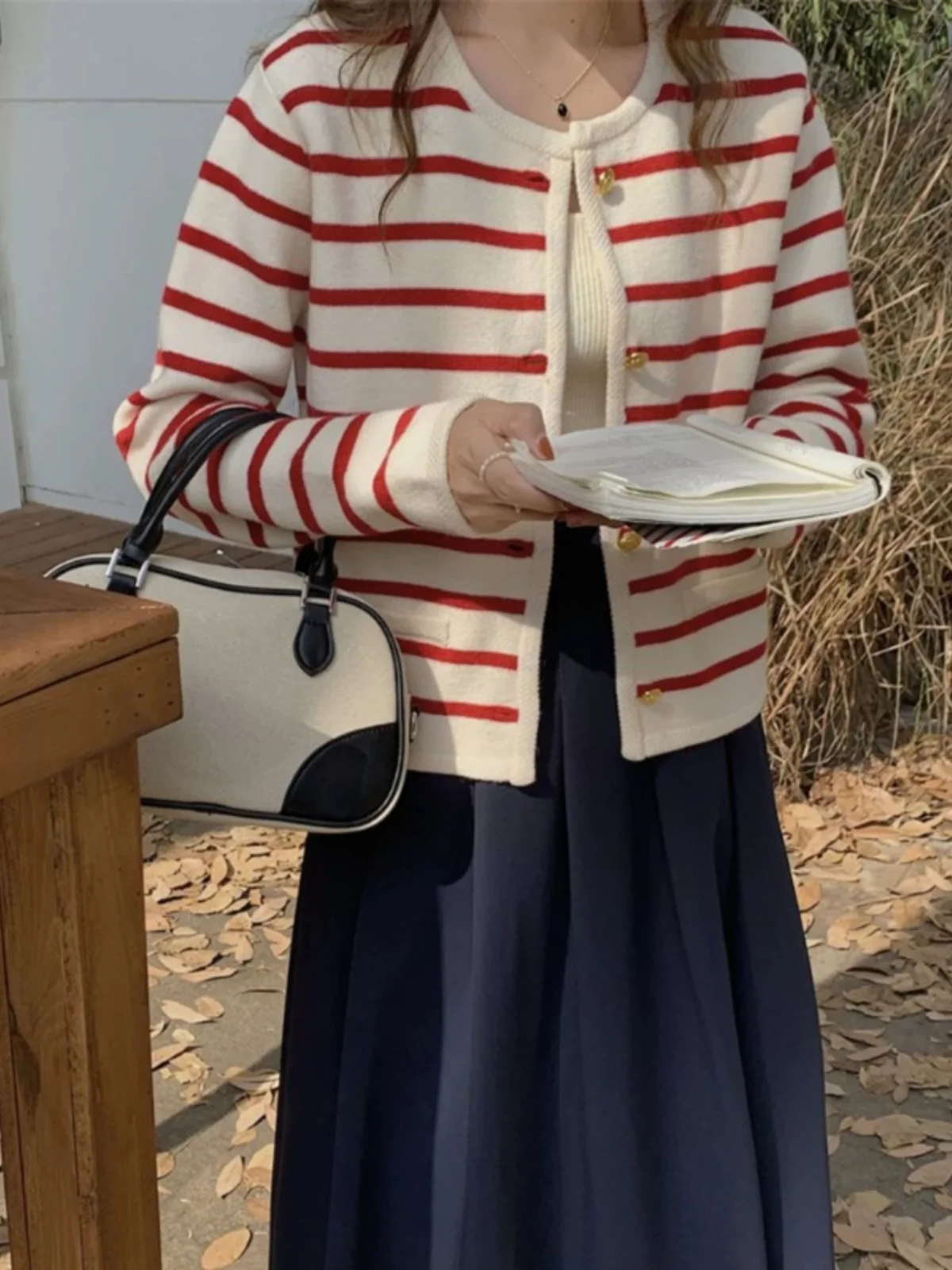 

Retro Striped Knitted Open Cardigan Women's Spring Autumn New Small Fraance Sle Sweater Jaet Design ort Top