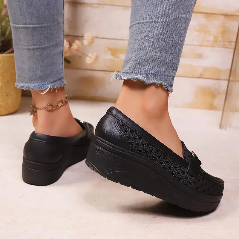 Soft Thick Bottom Height Increase White Loafers Women 2026 Summer Hollow Out Wedge Heel Pumps Women's Comfortable Nursing Shoes