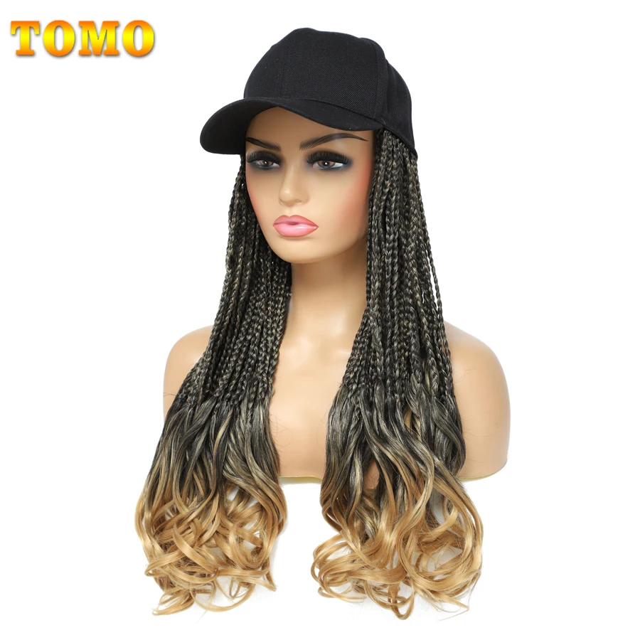 TOMO Baseball Cap With Curly Box Braids Hair Extensions 14 20 24 Inch Synthetic Hair Wig Adjustable Wave Hairpiece Ombre Brown