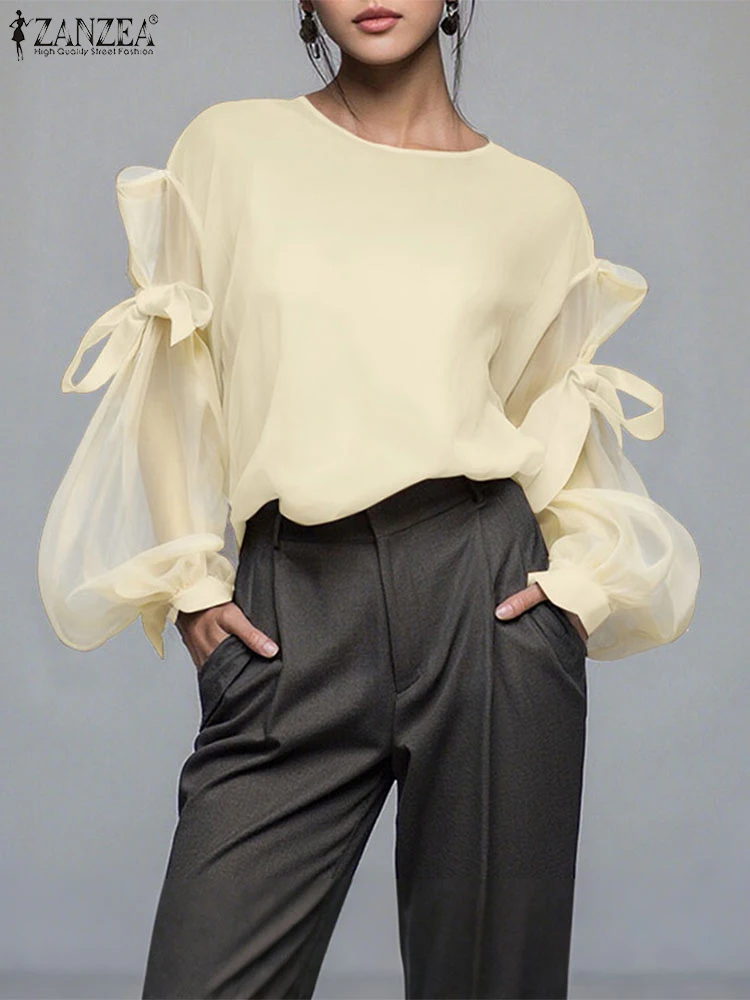 ZANZEA elegante blusa con lazo para mujer 2025 otoño moda malla Patchwork manga larga linterna Casual Tops camisas señoras coreanas Blusas