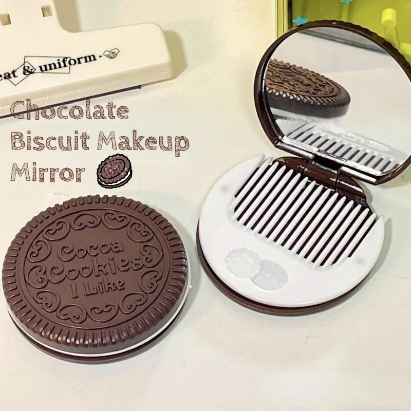 Espelho de maquiagem de biscoito de chocolate, espelho de maquiagem redondo portátil e dobrável criativo personalizado