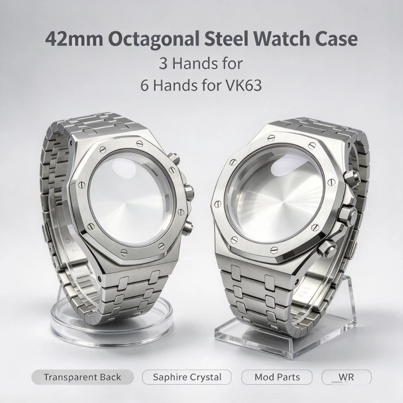 42mm Octagonal Steel Watch Case 3 Hands for 8215 NH35 2824 6 Hands for VK63 Transparent Back Sapphire CrystalMod Parts WR