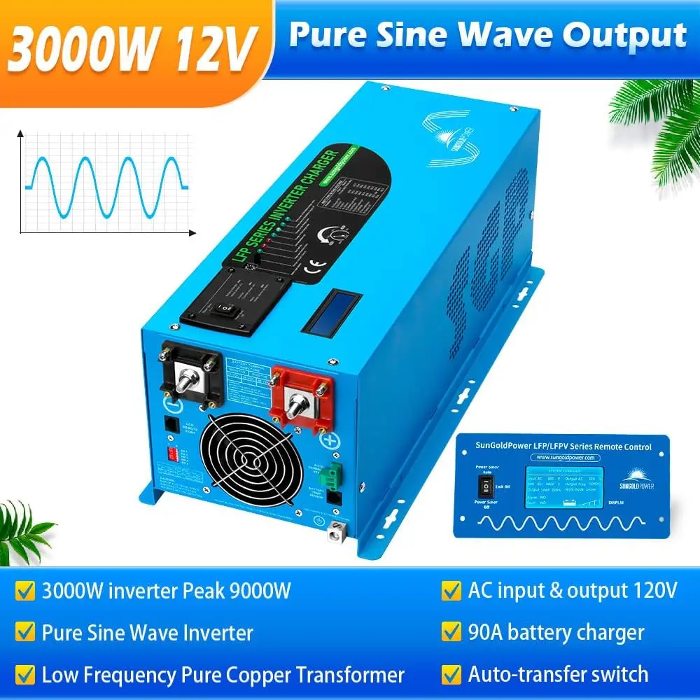 SUNGOLDPOWER 3000W 12Vdc Pure Sine Wave Inverter Low Frequency 120Vac Input to 120 Vac Output 50/60 Hz with 90A Charger 9000W Pe