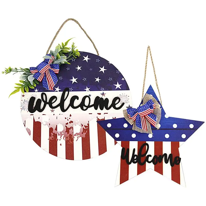 Segno della porta del 4 luglio American Love Red Blue Wood Door Hanger Independence Day Door Sign con Cute Bow Outdoor Outdoor portico