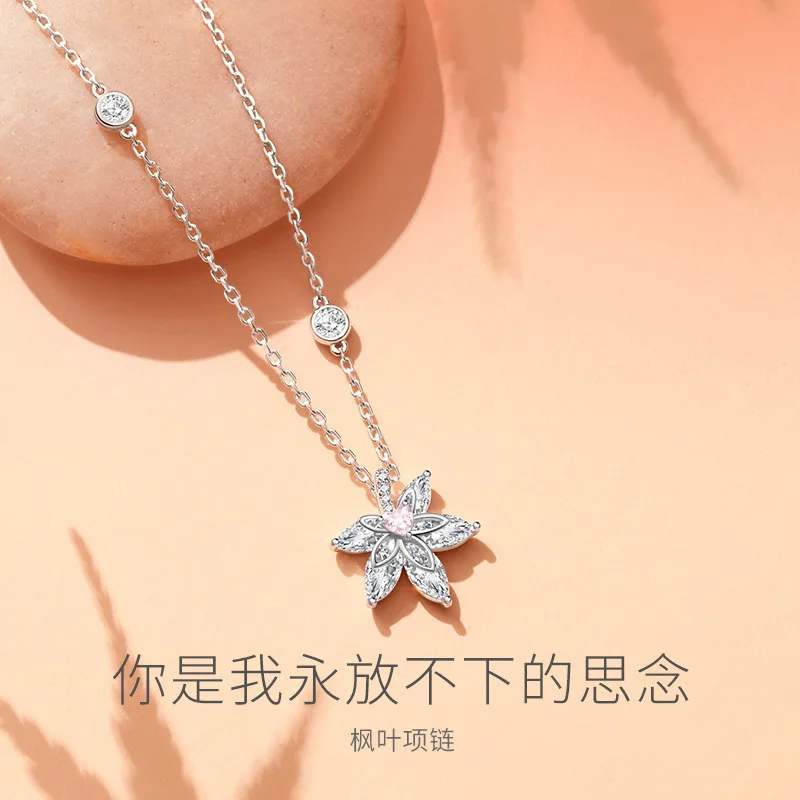 s925Sterling Silver Maple Leaf Necklace Eight Awn Star Women's Design Sense Special Interest Light Luxury Clavicle Chain Get the