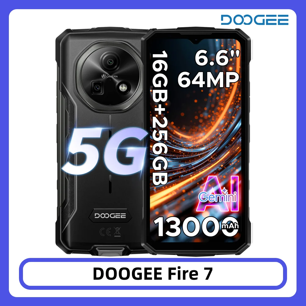 DOOGEE Fire 7 5G Rugged Phone 16GB RAM+256GB ROM 13000mAh Battery Dimensity 6300 Gemini AI 64MP Camera NFC Android 15 Smartphone
