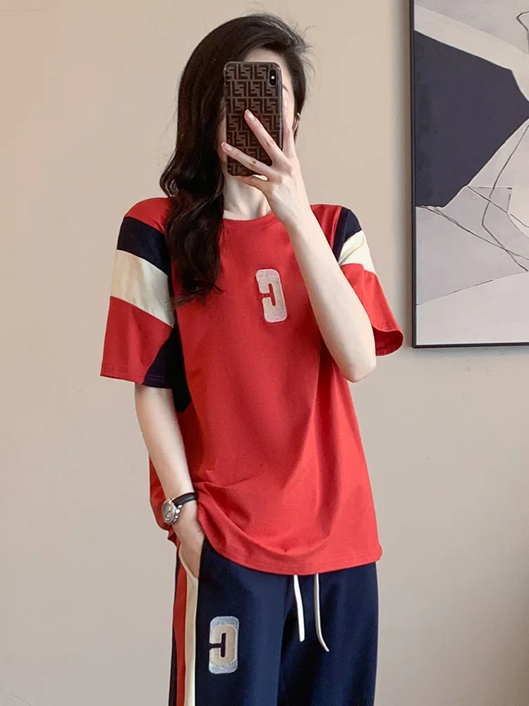 Korean Cotton Casual Sports Suit Women 2023 Summer O Neck Contrast Short Sleeved T Shirt+Wide Leg Trousers Two Piece Set Female