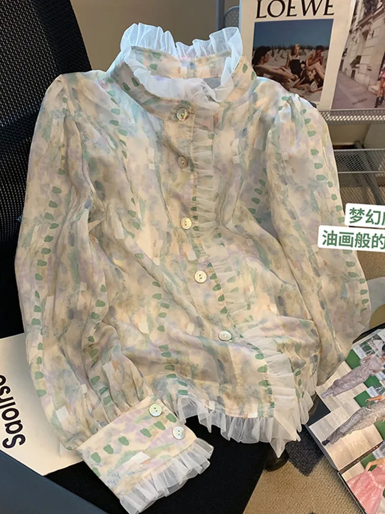 

Блузка женская в стиле Харадзюку, кружевной кроп-топ с высоким воротником и богемным принтом, Офисная однобортная рубашка в Корейском стиле, лето