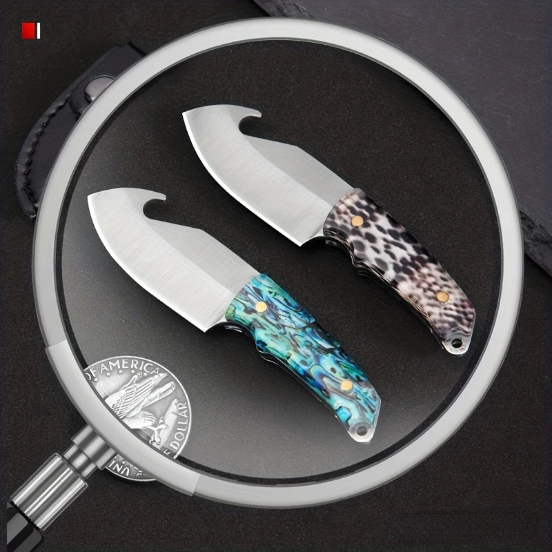 Mini Resin Patterned Handle Knife Bottle Opener Portable Outdoor Keychain Gift Knife Unboxing Knife with Leather Cover